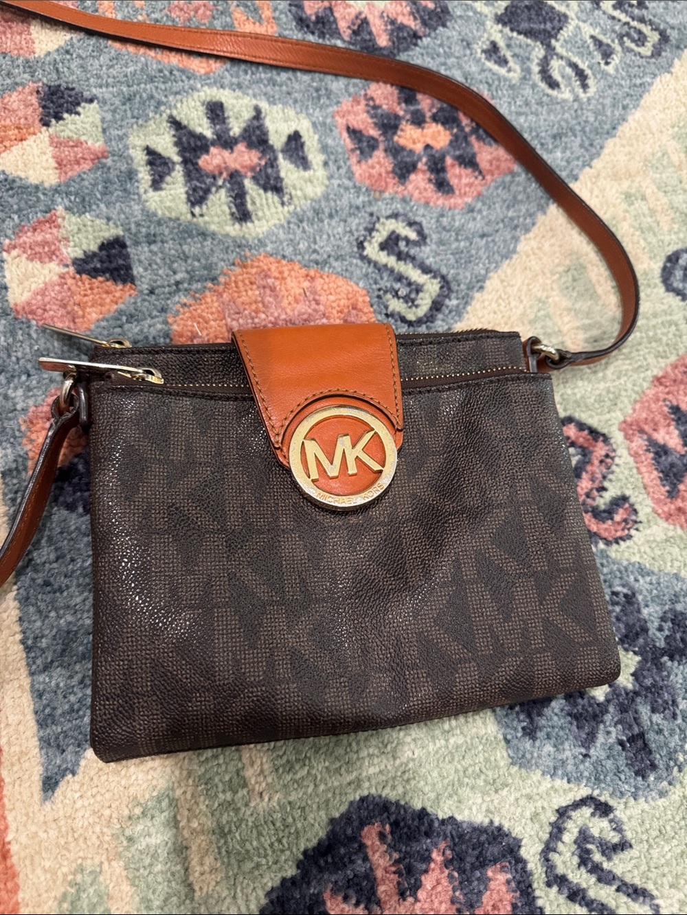 Michael Kors Brown Signature Crossbody with Tan Accent and Gold Logo